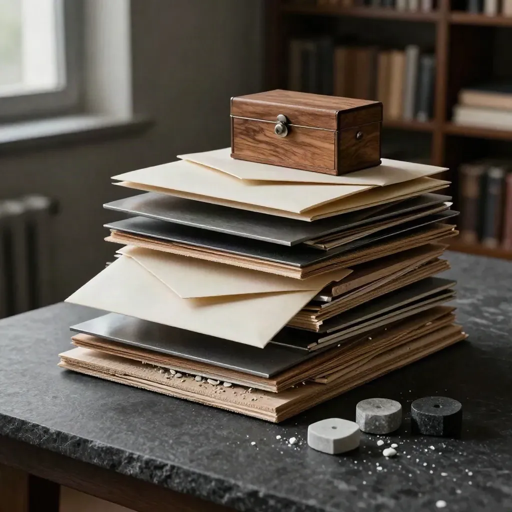 Material samples, sample envelope, weights and archive box on a stone table in a moody studio.