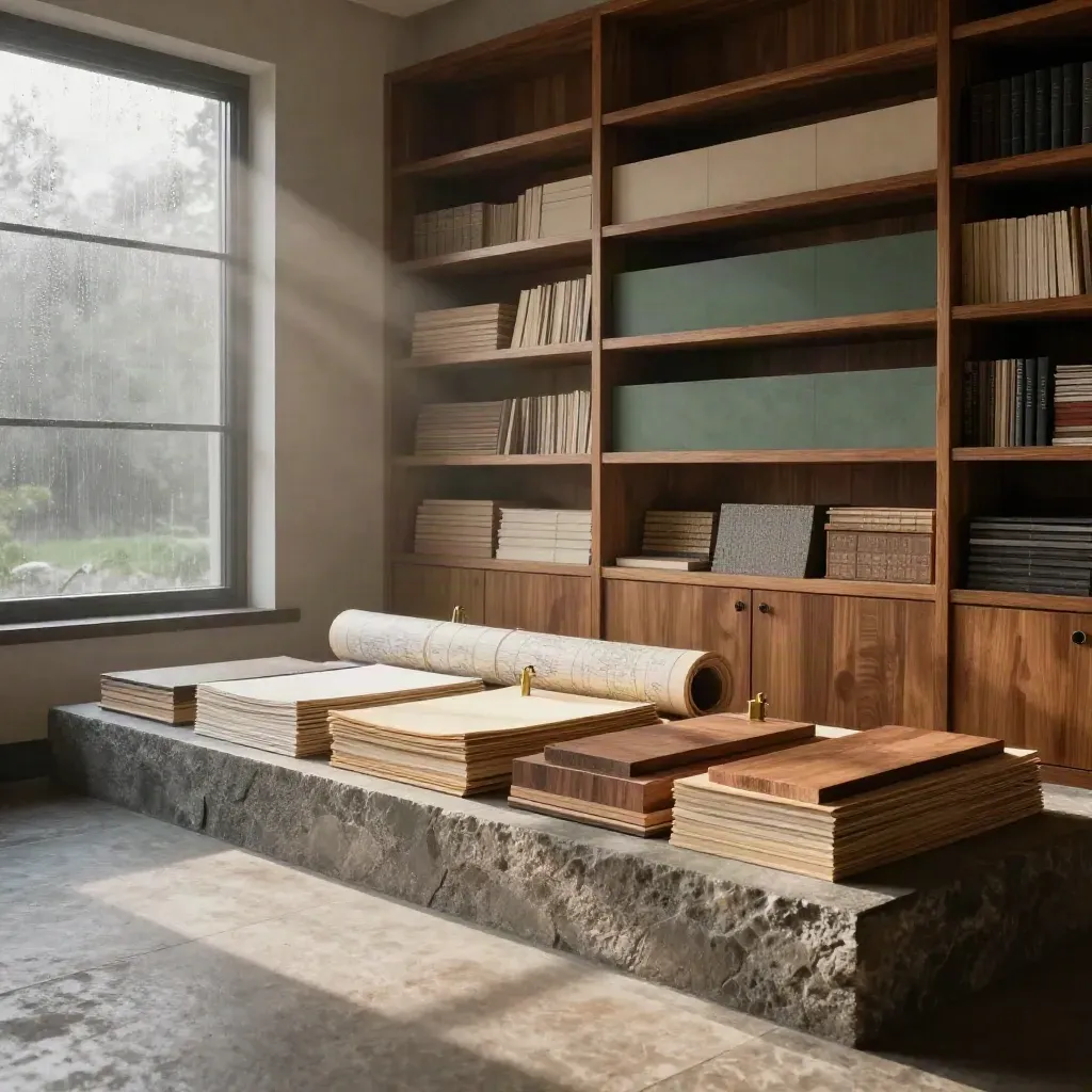 Cedar-clad planning atelier with stone plinth, folios, sample blocks and roadmap tube in misty dawn light.