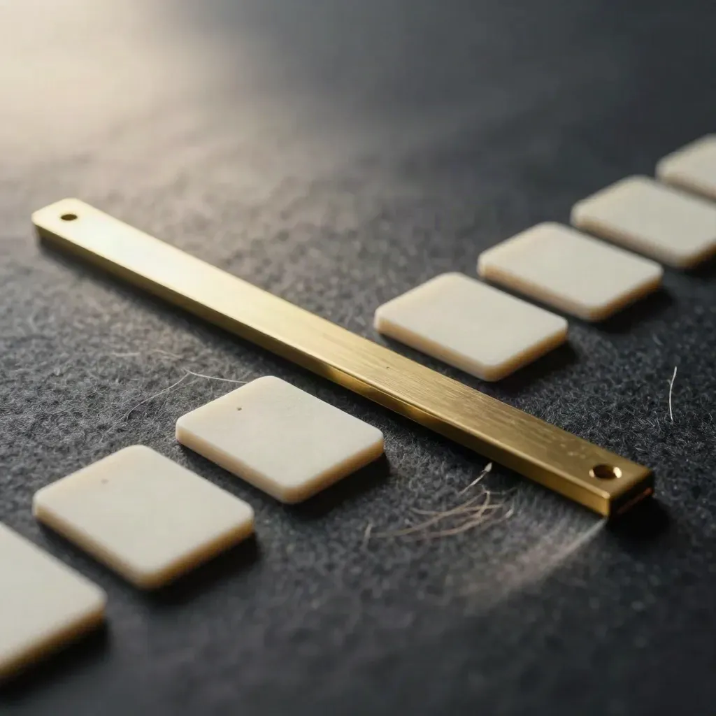 Macro of cream timeline tiles and brass armature stretching across dark felt