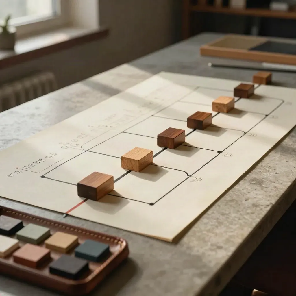 Cream roadmap tiles, wooden task blocks and color chips on a stone counter.