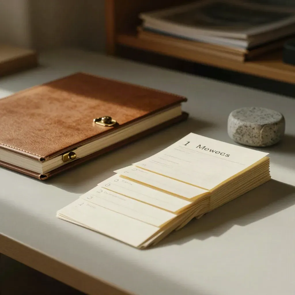 Strategy kit with binder, brass clips, review cards and stone paperweight on pale wood.