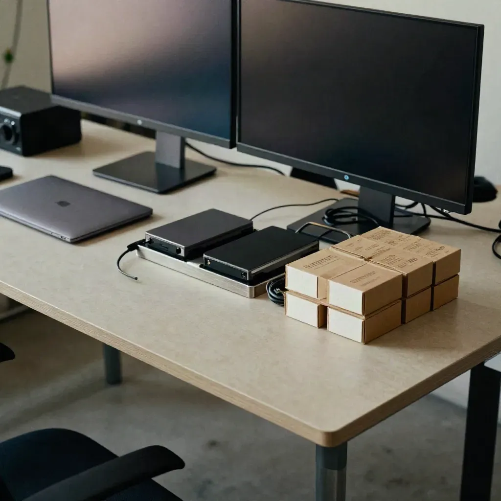 Startup ops corner with monitors, laptop, drives and shipping samples in cool reflective light.