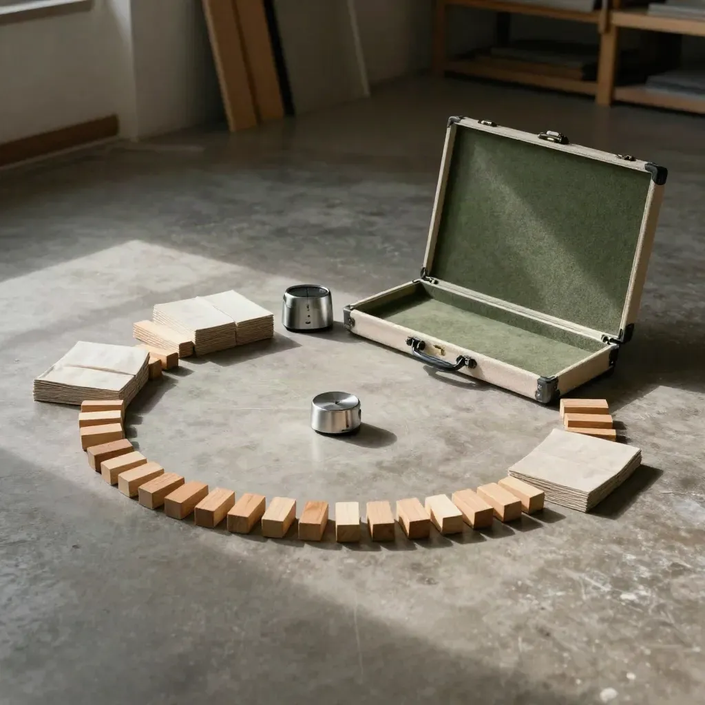 Workshop facilitation kit in a circle, ready for a guided planning session.