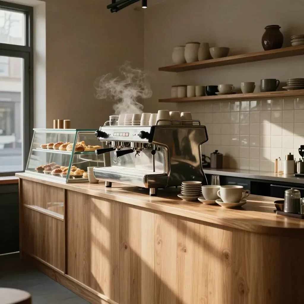 Finished corner café with espresso machine, bakery case, cups, and timber shelving in warm morning light.