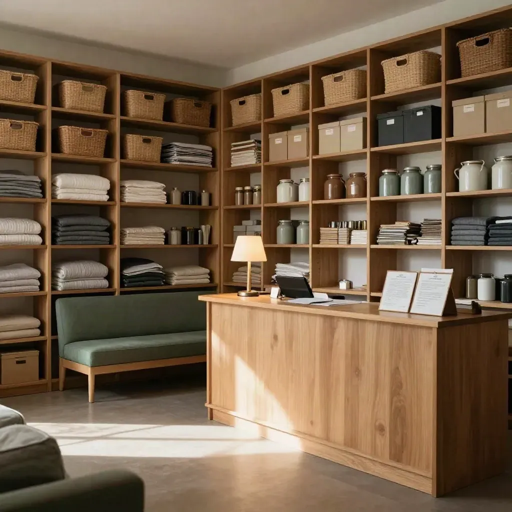 Organized community resource room with shelving, donation bins, and a calm reception nook