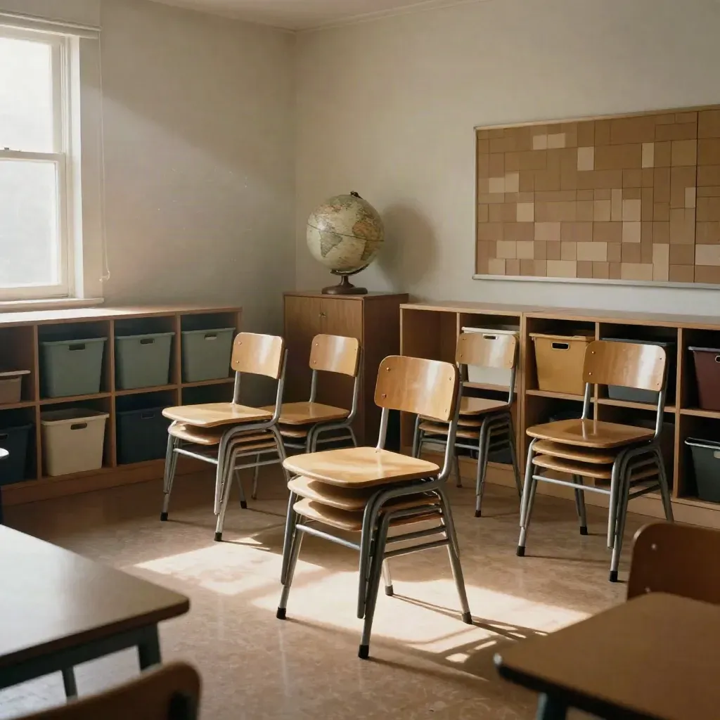 Empty classroom with stacked chairs, storage bins, globe, and a blank bulletin wall in soft morning light