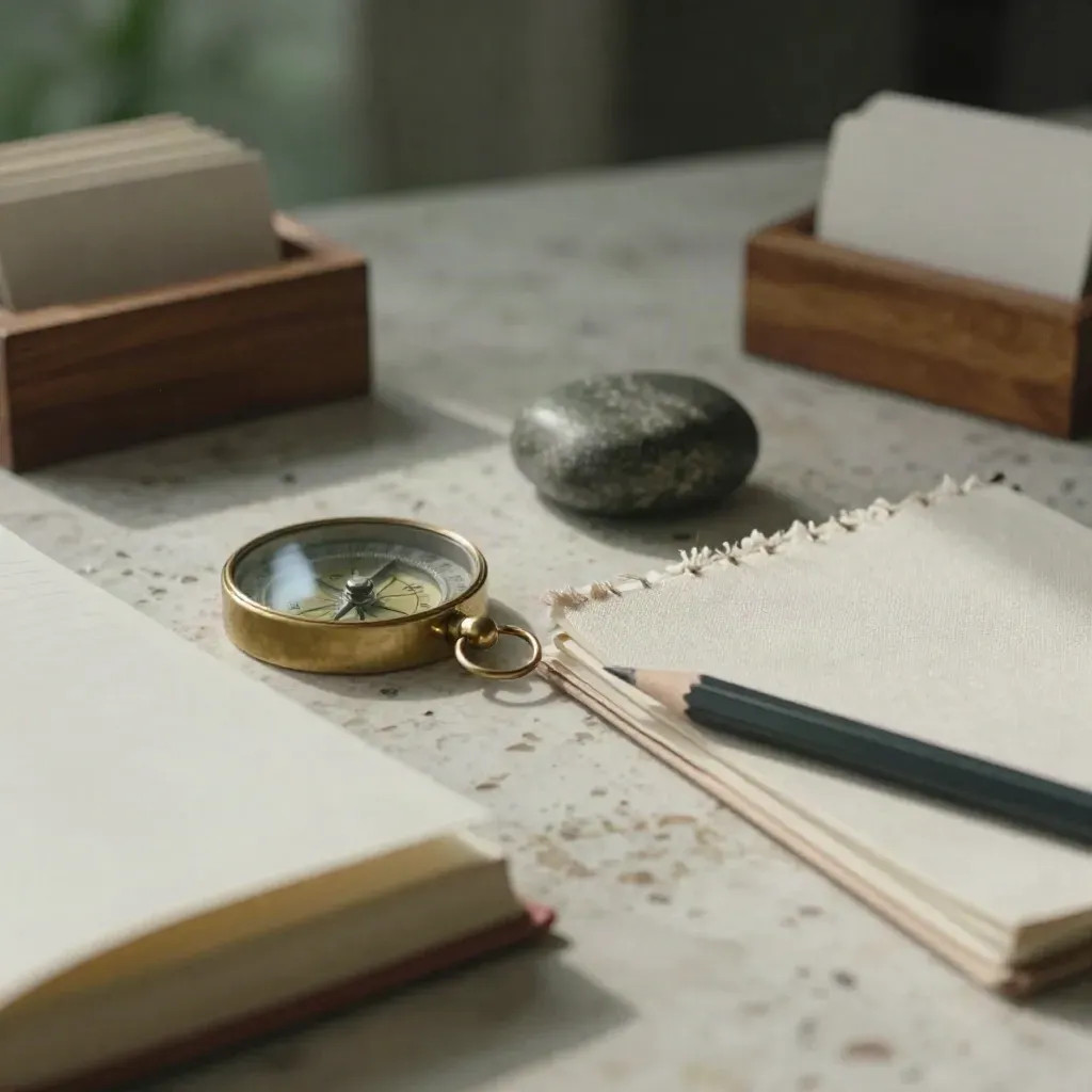 Brass compass, linen notebook, pencil, stone weight and cedar index on travertine