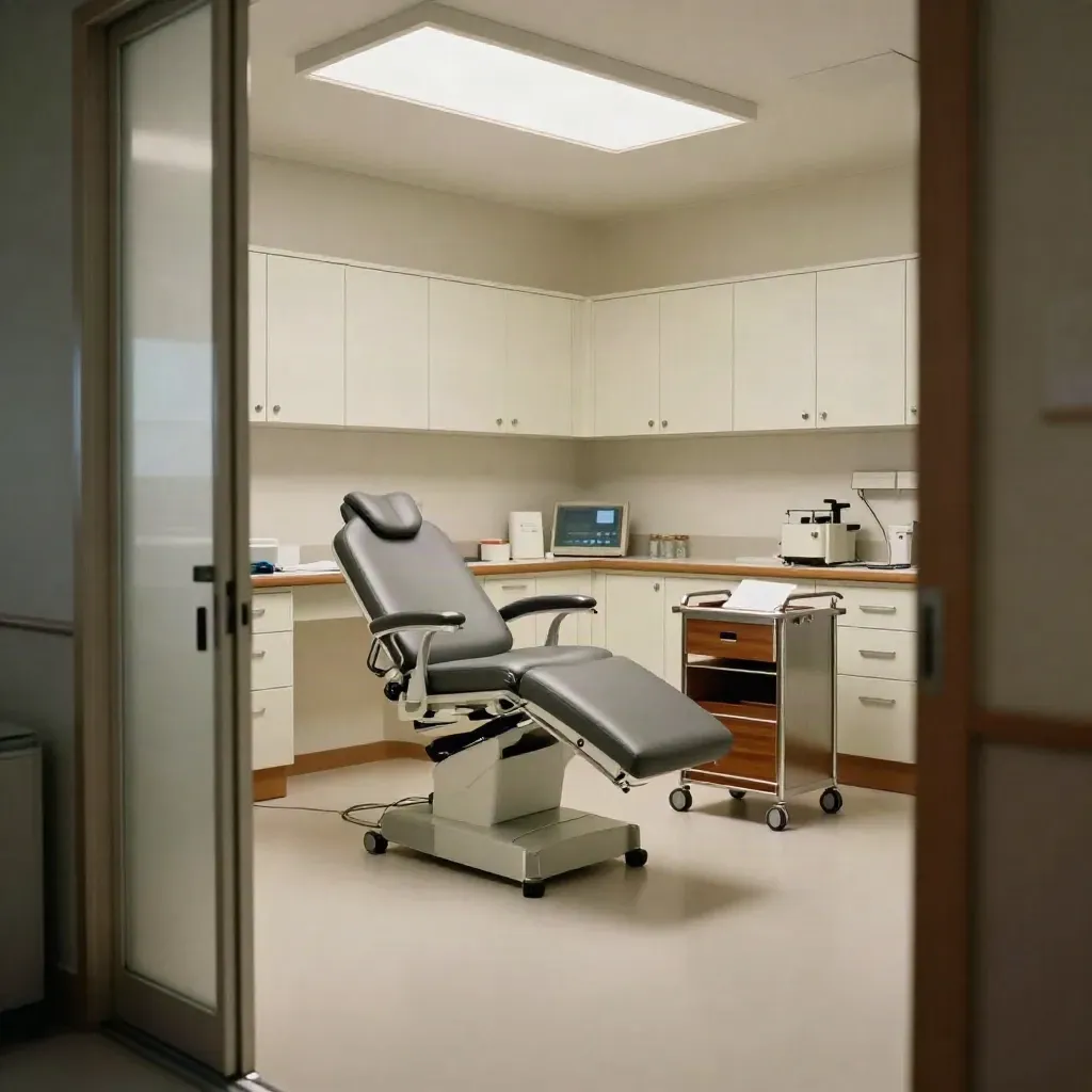 Prepared clinic room with exam chair, sealed cabinets, supply cart, and glowing ceiling panel