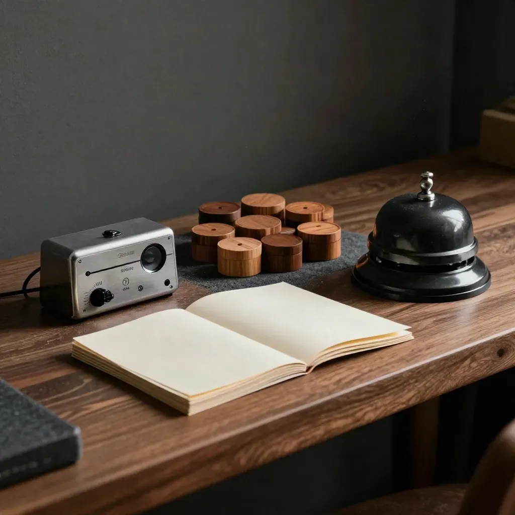 Wooden discussion tokens, timer, folded cards and bell on dark felt in dramatic studio light.