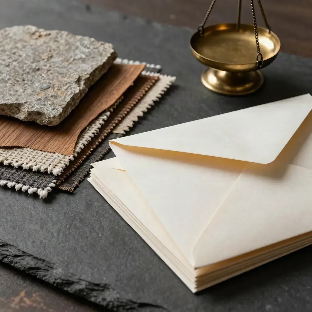 Stone, wood and fabric swatches beside a small balance scale and sealed folders on slate.