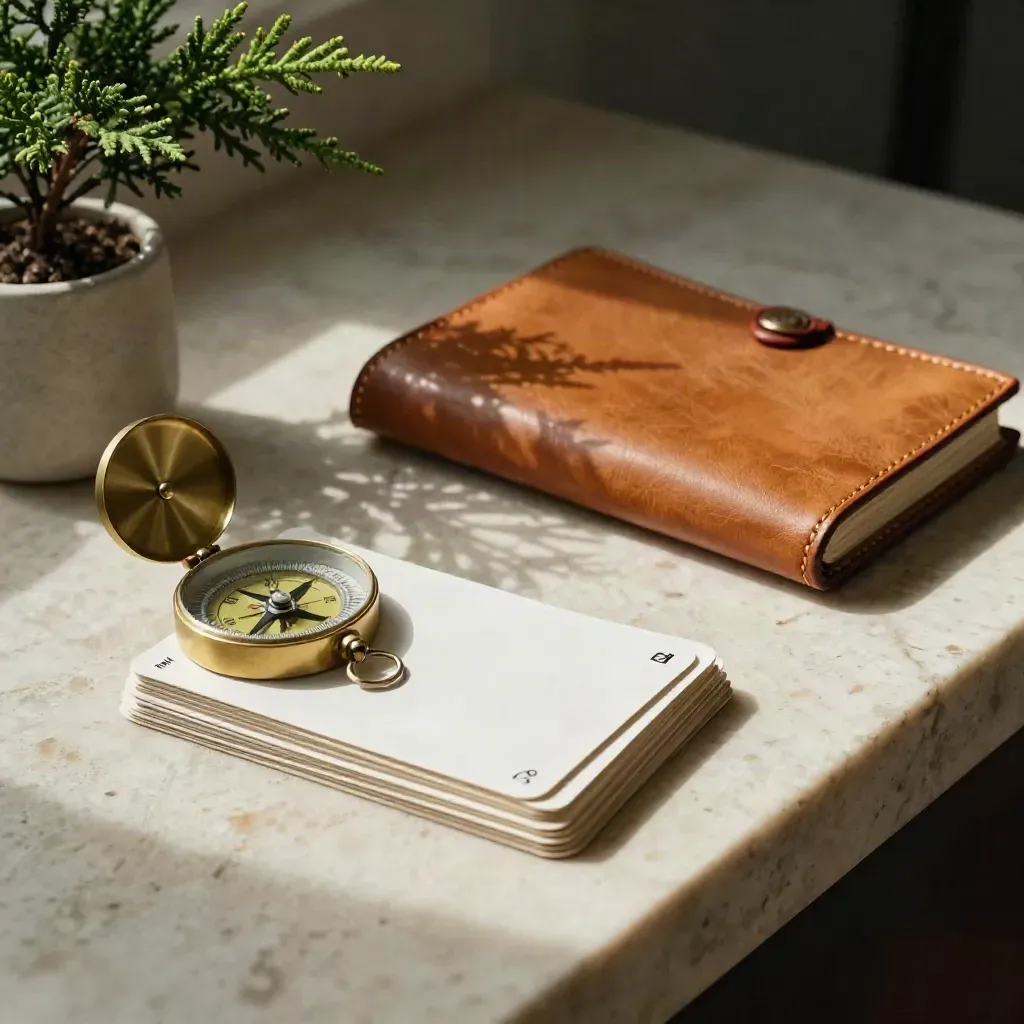 Brass compass, planning cards, leather portfolio and cedar sprig on pale stone under soft daylight.