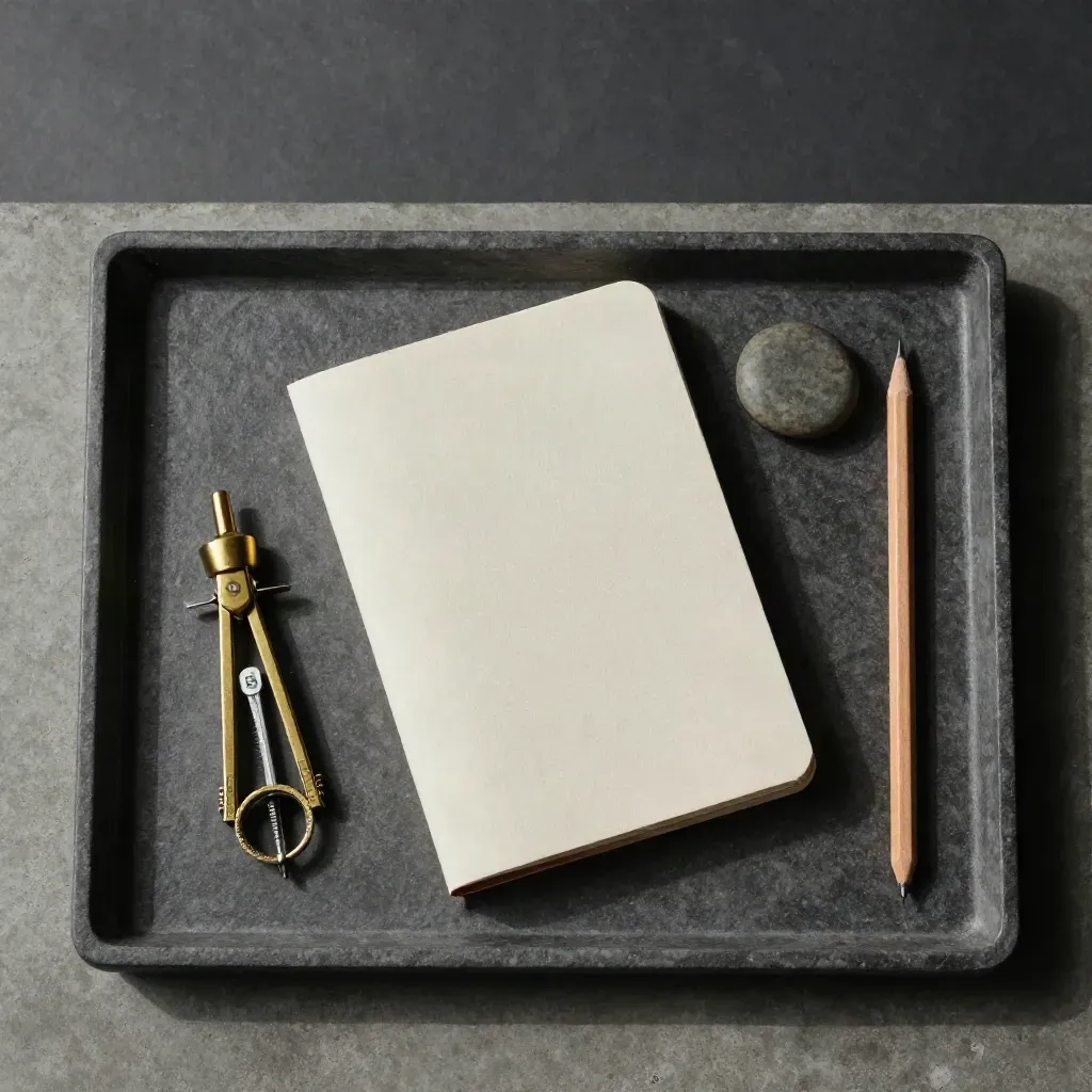 Cream notebook, brass compass, river stone and cedar pencil on a stone tray.