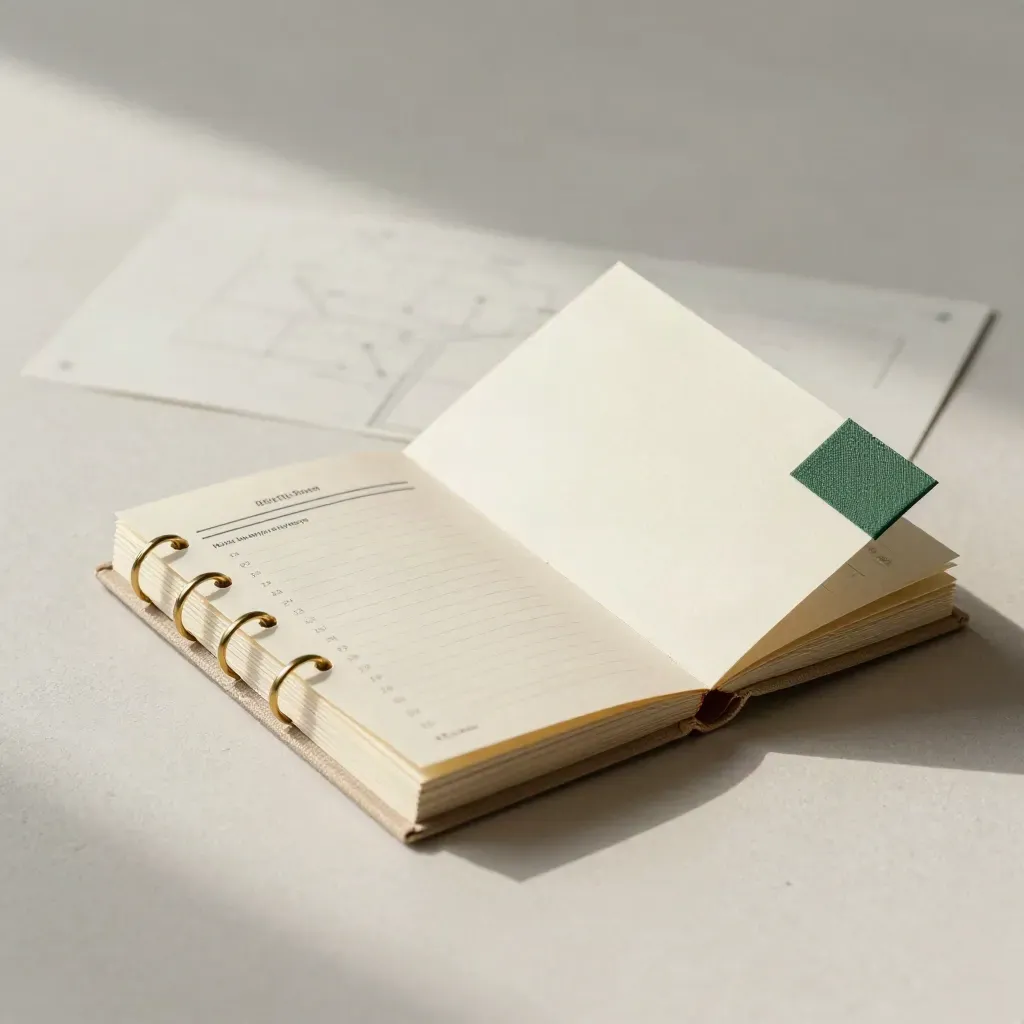 Roadmap folio, checklist cards and timeline tokens on a soft plaster sweep.
