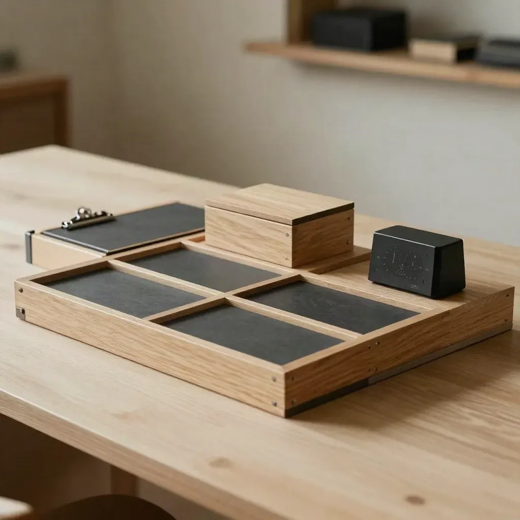 Wooden task blocks, slate tabs, cedar box, and timer on pale oak in soft side light.
