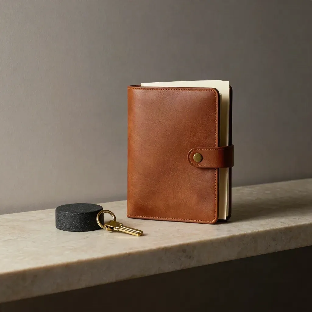 Sealed portfolio, stone paperweight, and brass tag ring on a limestone shelf