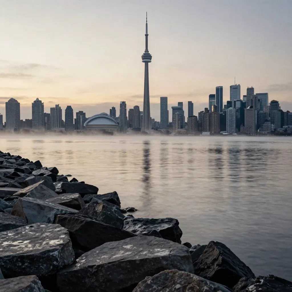 Toronto skyline with CN Tower above Lake Ontario and a wet rock breakwater at dusk