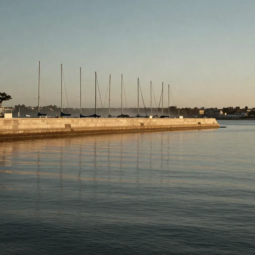 Golden-hour Oakville harbourfront with marina masts, limestone breakwater, and hazy waterfront.