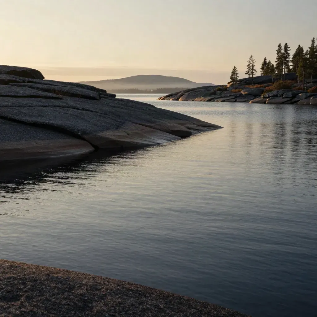 Hazy northern lake with granite shoreline, sparse pines, and a distant ridge under warm last light.