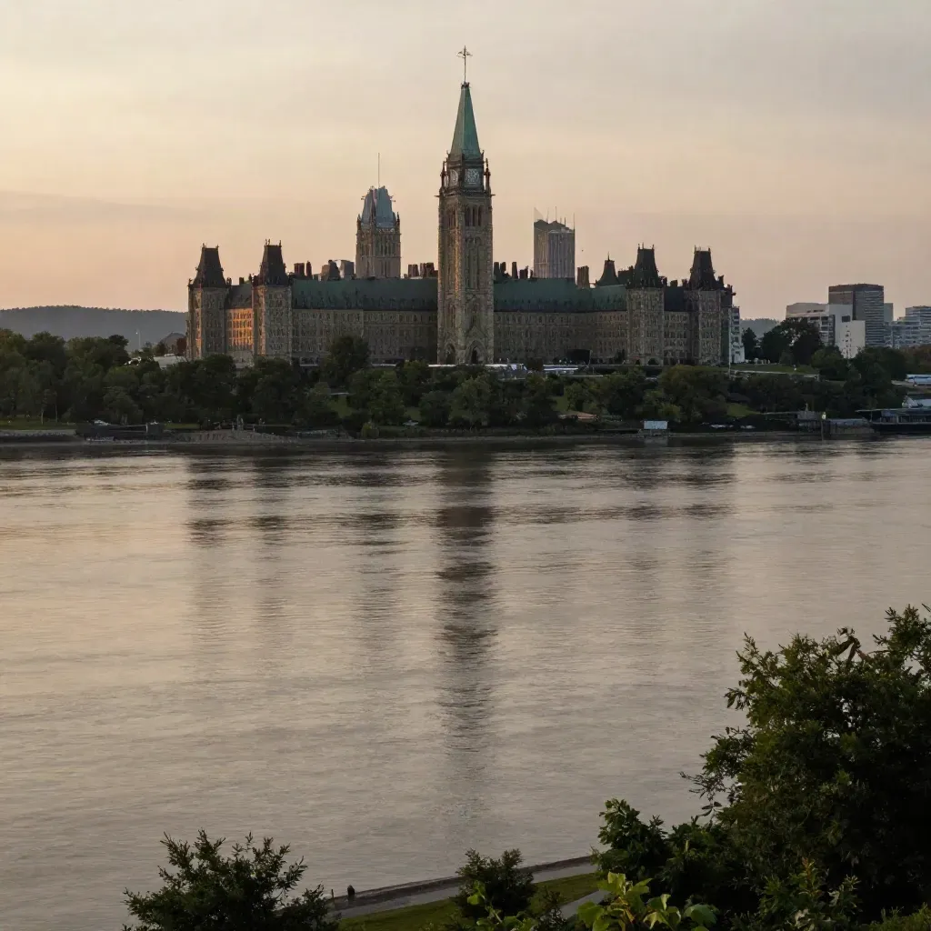 Ottawa River vista with Parliament Hill and the Peace Tower in hazy sunset light
