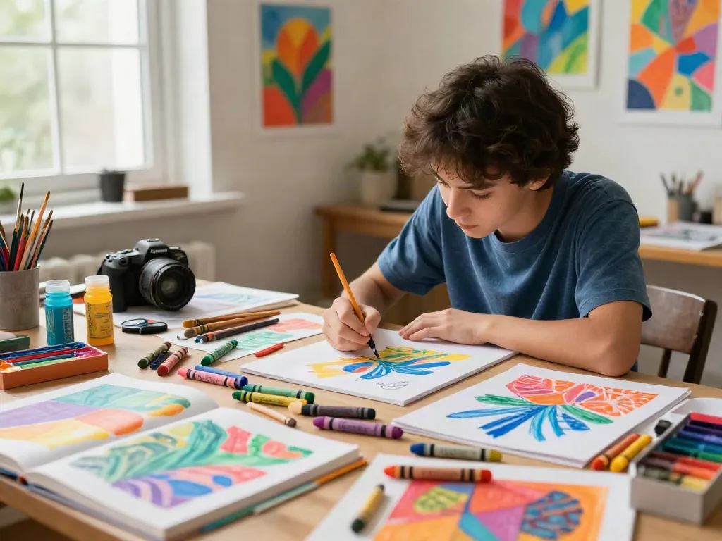 Artist's workspace featuring various crayon types, reflecting a professional crayon manufacturer environment.
