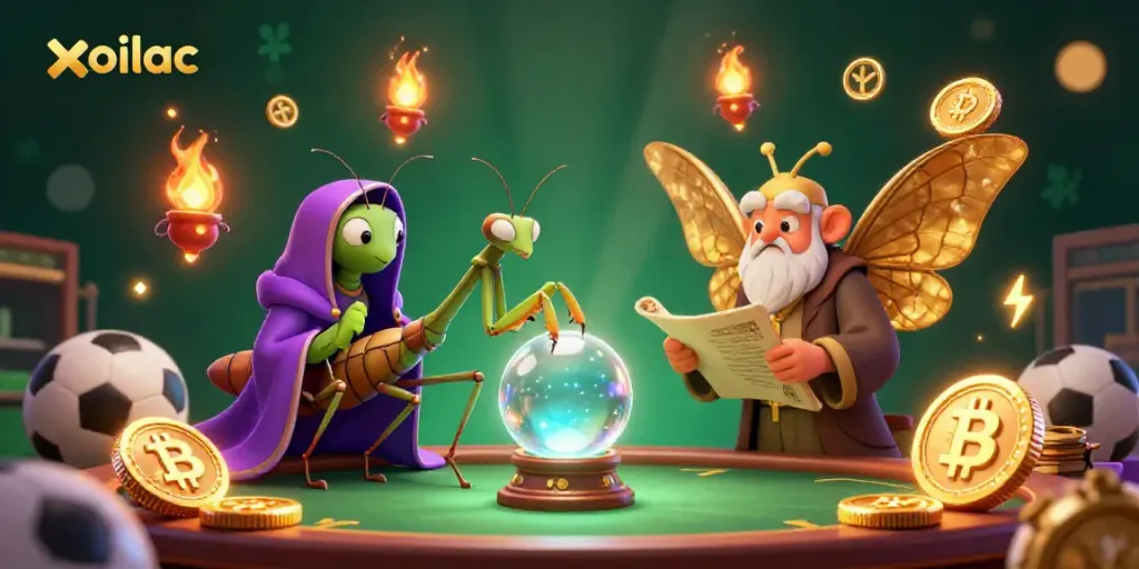 Experience the excitement of sports betting with xoilac featuring a lively 3D fortune teller and neon crypto elements.