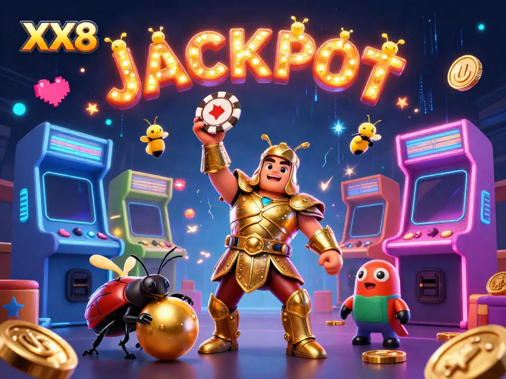 Win big with XX8 as a gladiator beetle triumphs in a vibrant casino scene