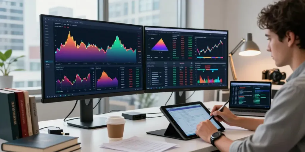 Trader using TradingView in a modern office with charts and data analysis.