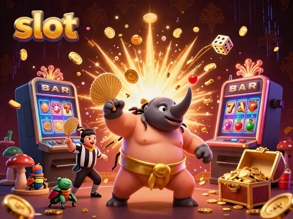 Experience thrilling slot action with a rhinoceros beetle champion amidst a jackpot celebration.