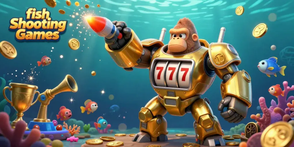 Experience thrilling fish Shooting Games with a dynamic underwater scene featuring a golden gorilla mech and vibrant sea creatures.