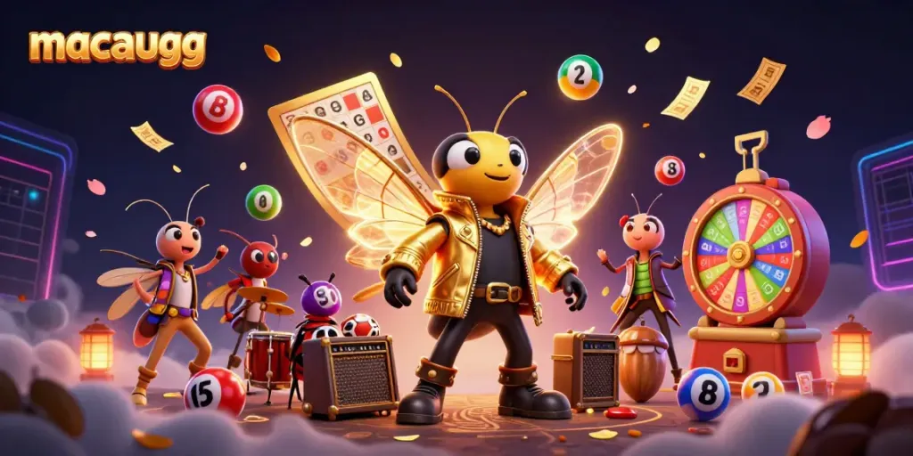 Win big with macaugg in an energetic 3D casino scene bursting with vibrant game elements.