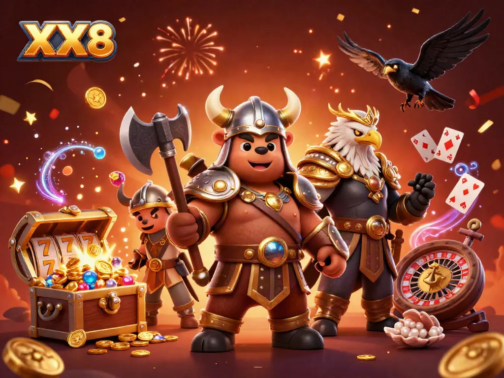 Engage with the XX8 online casino experience in this vibrant illustration of a Viking bear, Valkyrie eagle, and Odin's ravens.