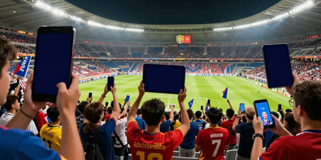 Fans at a football stadium eagerly awaiting ข่าวตลาดซื้อขายนักเตะ updates on transfer deadline day.