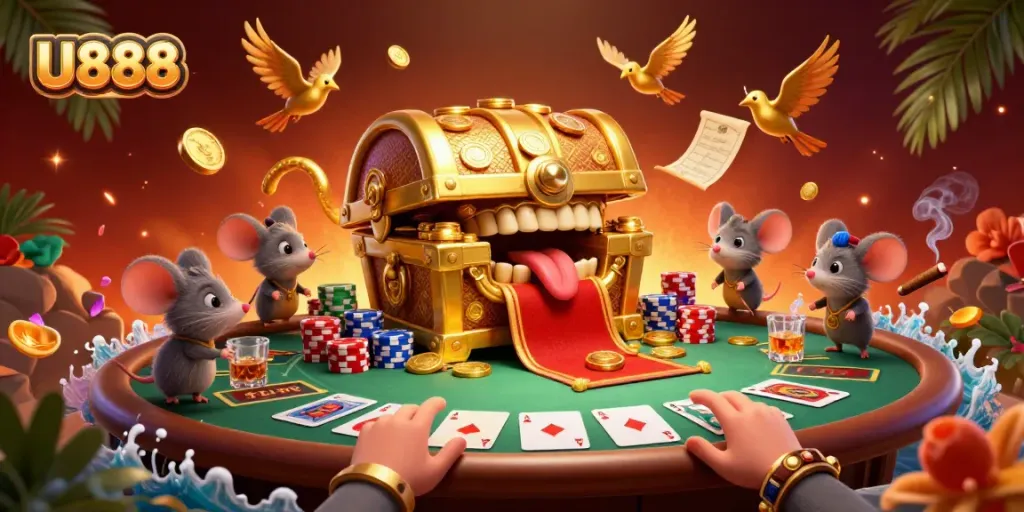Bet on U888 with adventure mice and rich casino elements shining in vibrant colors.