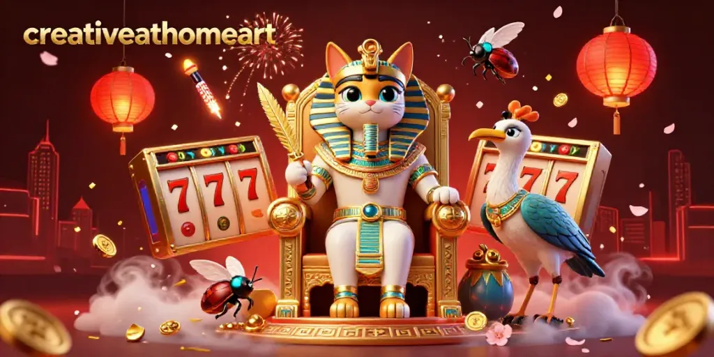 Experience the vibrant casino energy with creativeathomeart, featuring Egyptian pharaoh cat themed on a golden throne.