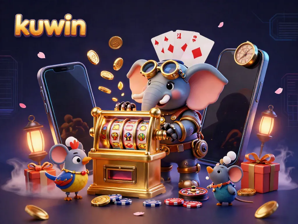 Kuwin branding illustrated with a steampunk elephant operating a slot machine amidst casino elements.