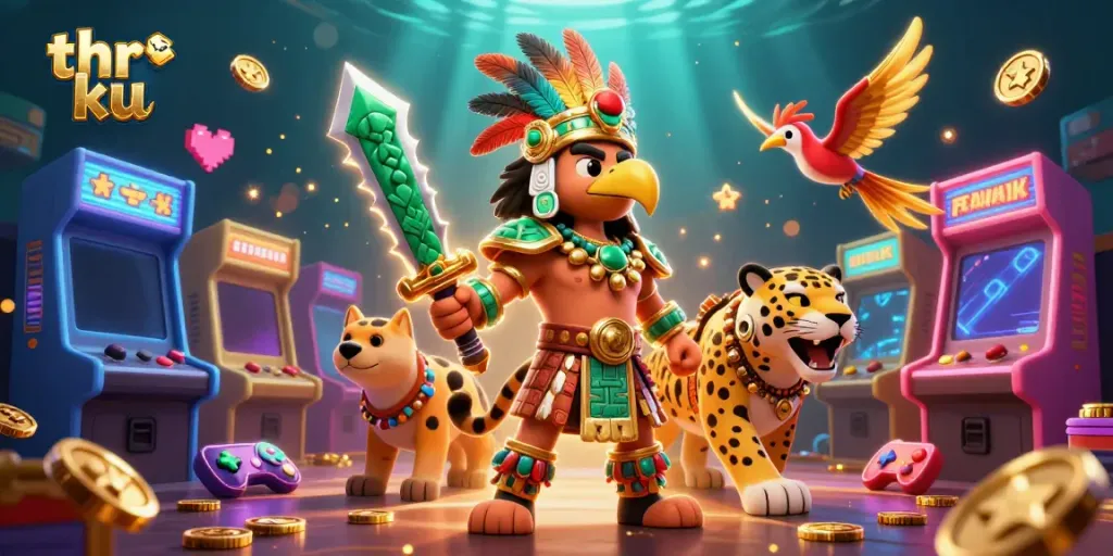 Experience exciting gaming adventures with thr ku's vibrant 3D casino illustration featuring dynamic Aztec warriors.