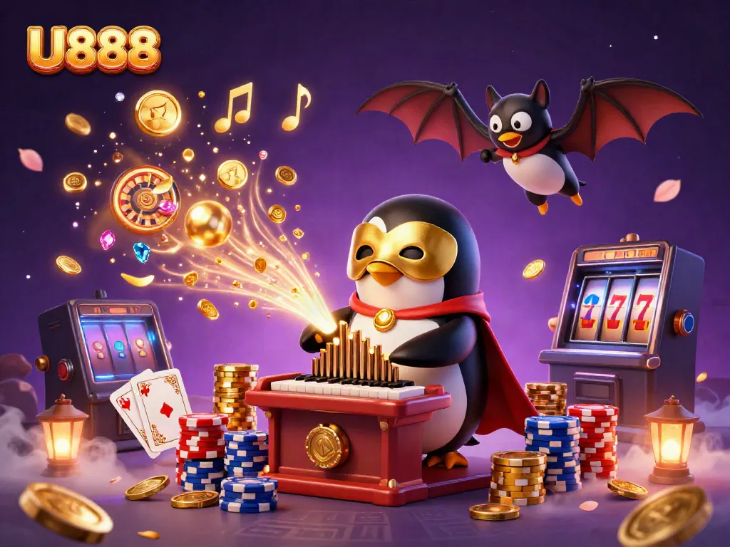 Experience U888 with a vibrant 3D casino scene featuring a phantom penguin, golden coins, and dynamic game elements.