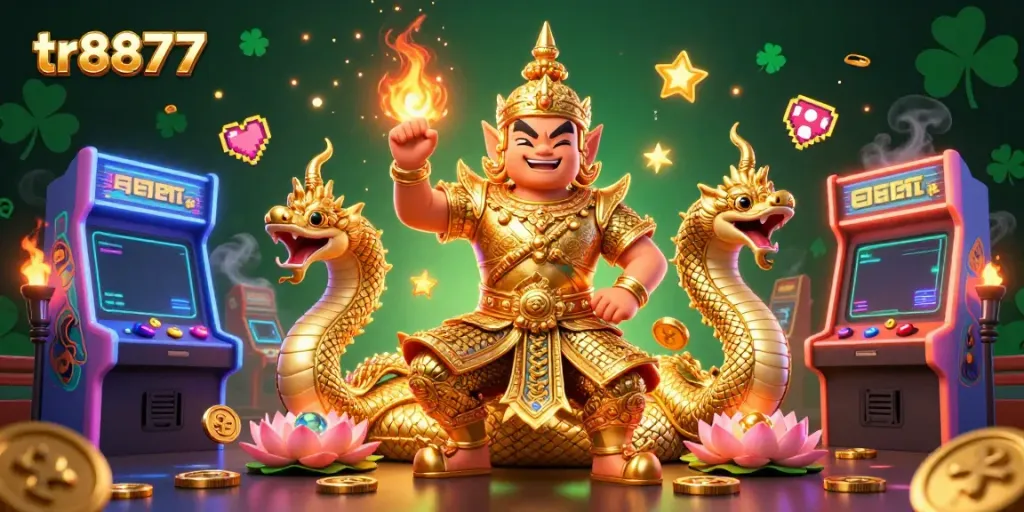 Experience the excitement of gaming with the vibrant scene featuring tr8877's unique characters and casino elements, illustrating online gaming action.