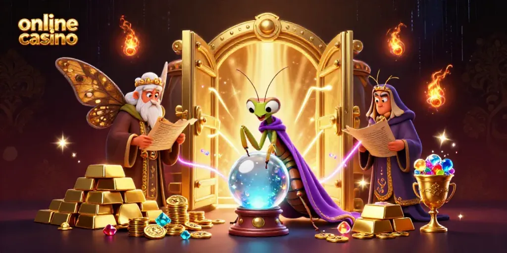 Experience the magic of online casino gaming with a fortune teller and librarian in a treasure-filled scene.
