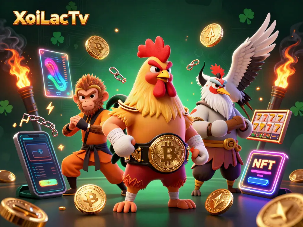 Engage with XoiLacTv's vibrant casino scene featuring cartoon characters and slot elements.