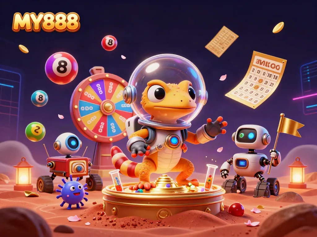 Experience the excitement of MY888 with the Martian gecko and alien bacteria in a vibrant casino scene.