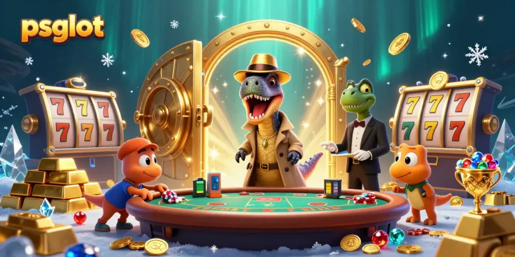 Engaging scene featuring psgslot characters, a velociraptor card counter, a suspicious stegosaurus pit boss, and a compy pickpocket amidst a dynamic casino setting.