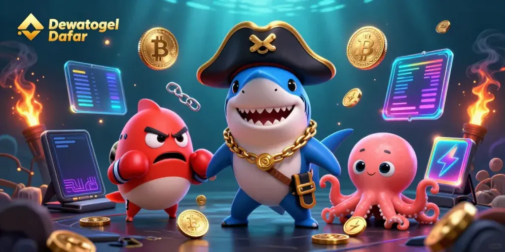 Dewatogel Daftar showcases fun and excitement with a cartoon pirate shark, pufferfish, and octopus in an underwater scene.