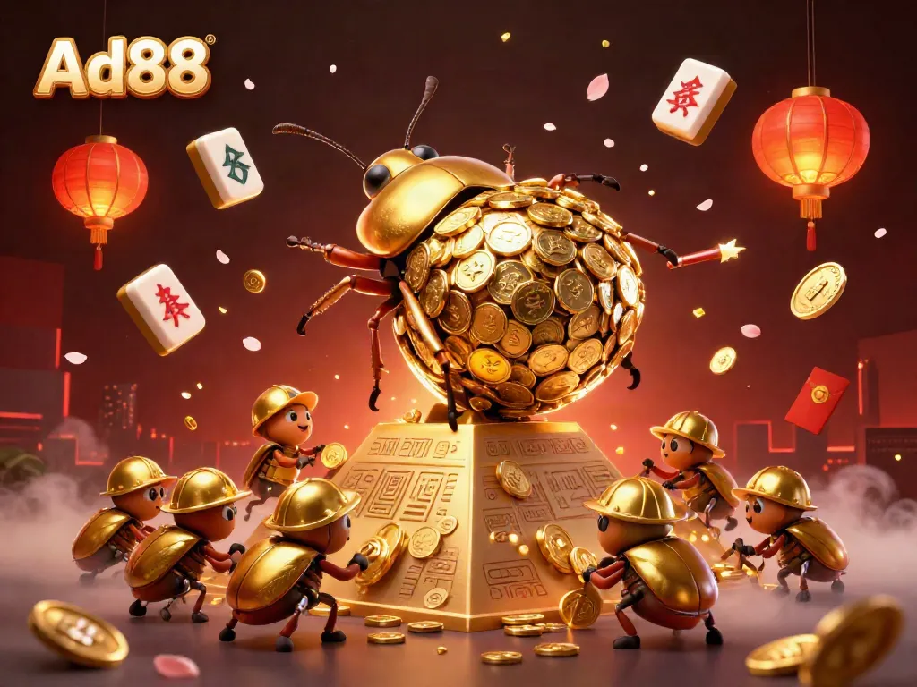 Ad88’s golden beetle team rolling coins illustrates online casino excitement and fun.
