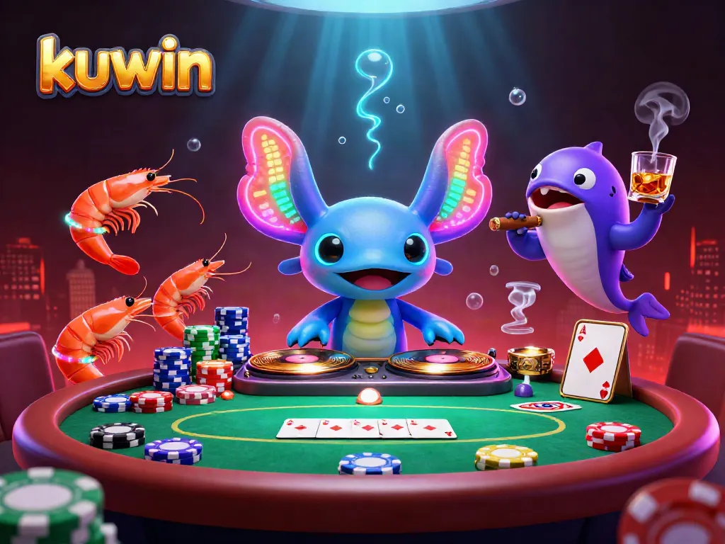 Kuwin's vibrant casino illustration with a neon axolotl DJ surrounded by poker elements.