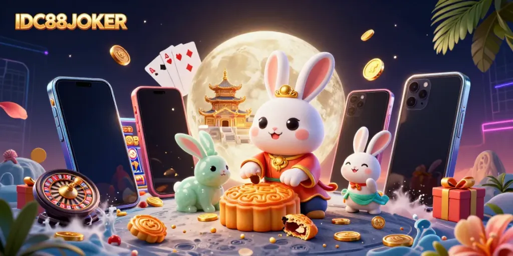Engage with IDC88JOKER as the moon rabbit reveals poker chips in a vibrant casino world.