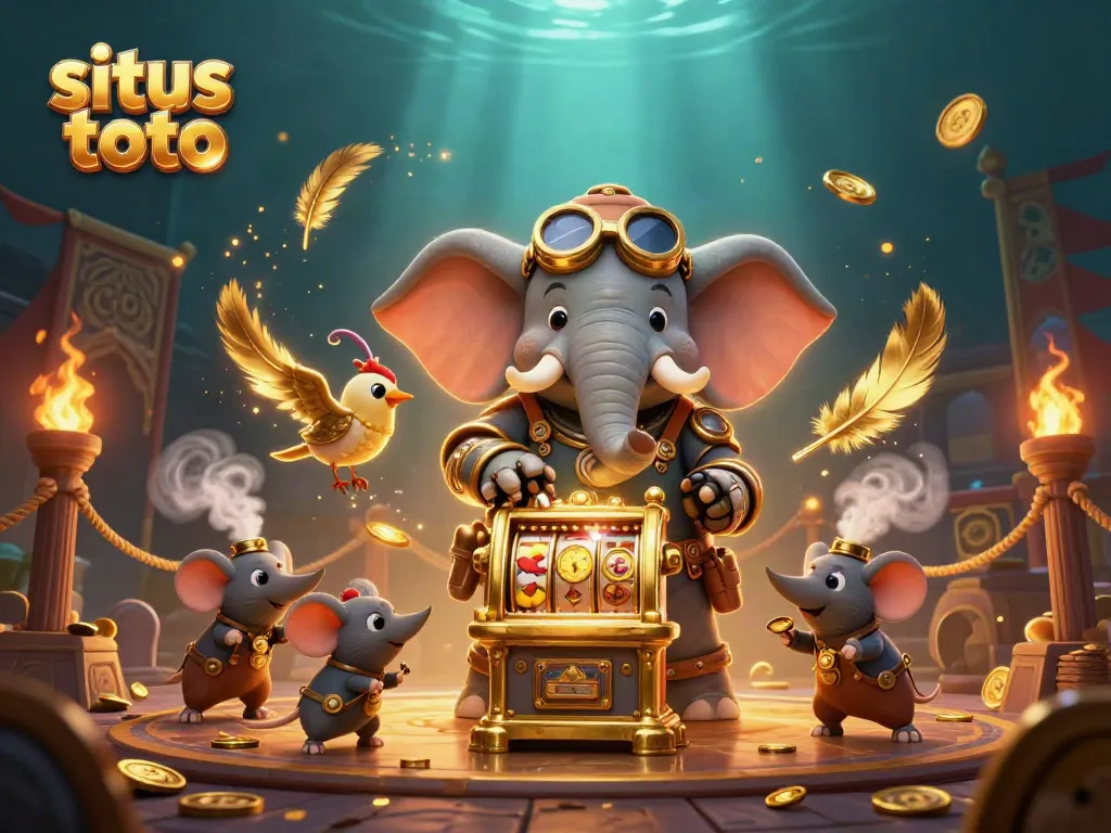 Join the fun at situs toto, where a steampunk elephant engineer spins the golden slot machine amidst a vibrant casino scene.
