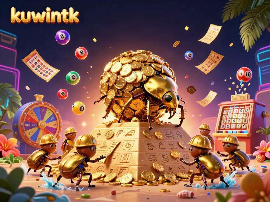 Engage in exciting lottery action with the dynamic kuwintk gaming scene featuring vibrant balls and golden coins.