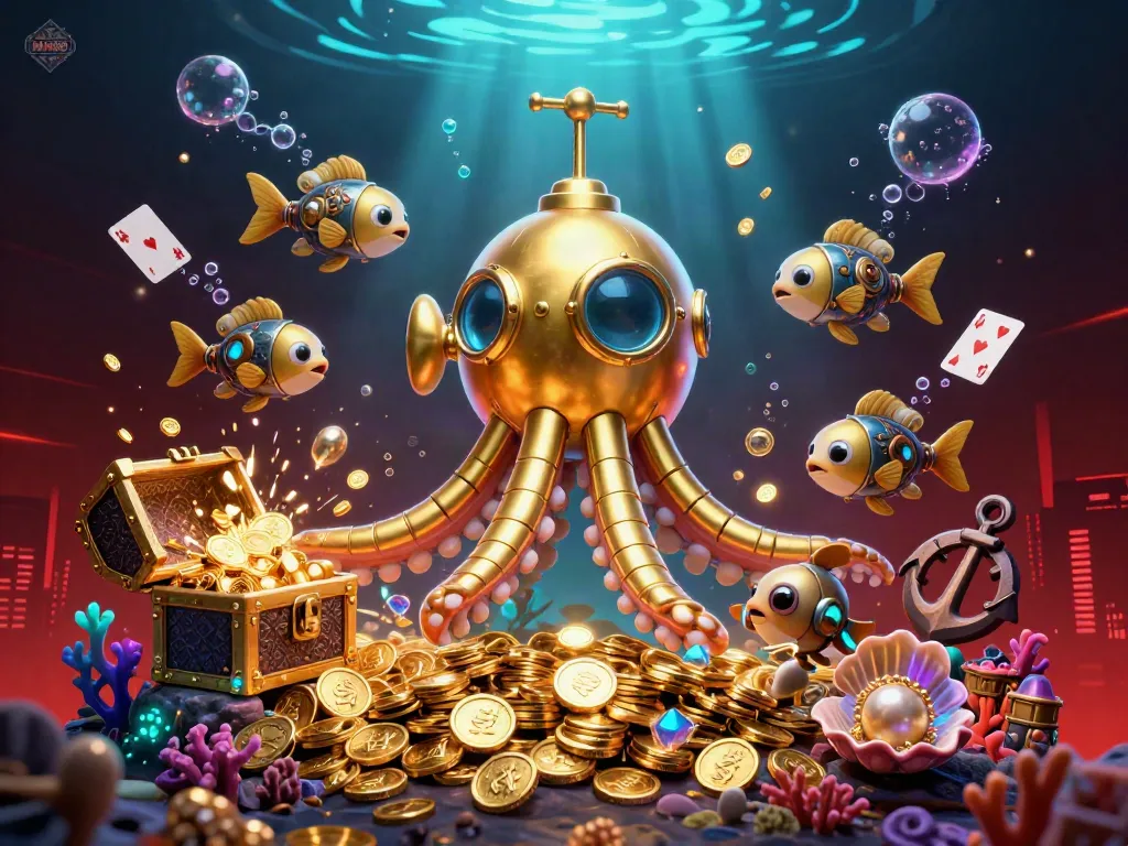 Experience the thrilling world of MM88 with the golden kraken submarine amidst vibrant casino elements.