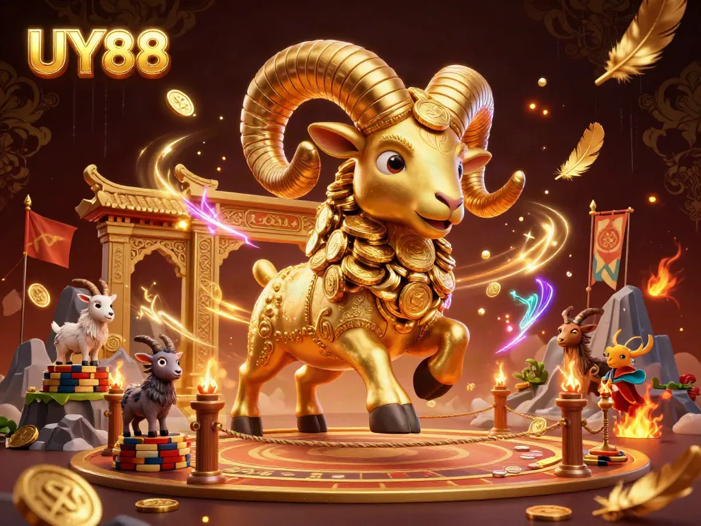 Experience the excitement of UY88 with a golden ram charging through a dynamic casino scene.